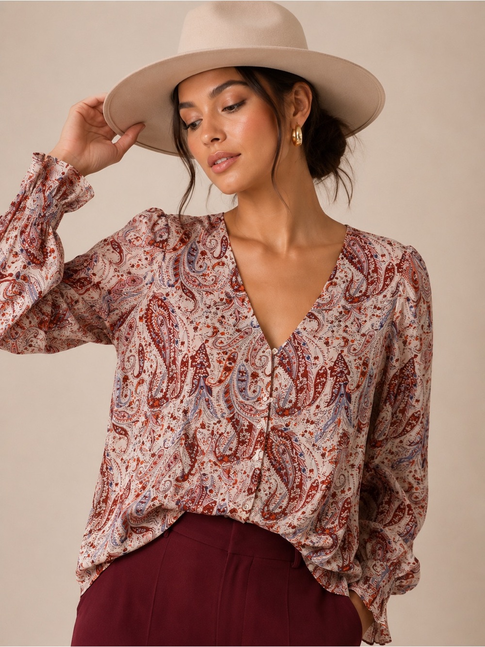 Skies Are Blue Paisley V-Neck Long Sleeve Blouse - Rust & Beige